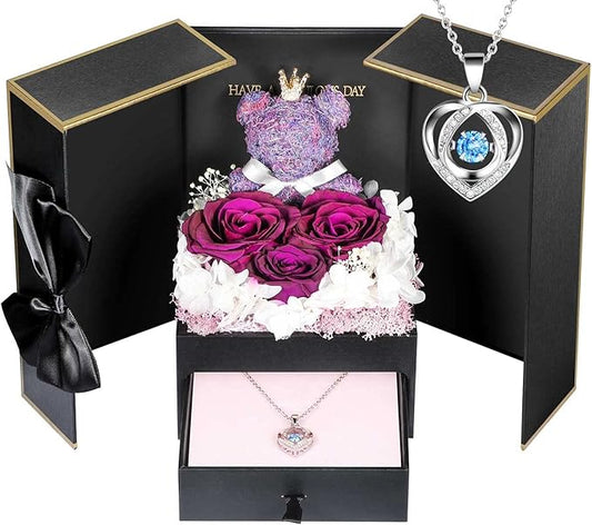 ADDWel Preserved Rose Gifts for Her, Forever Real Purple Flowers with Sterling Silver Necklace for Wife Girlfriend Mom on Birthday Anniversary