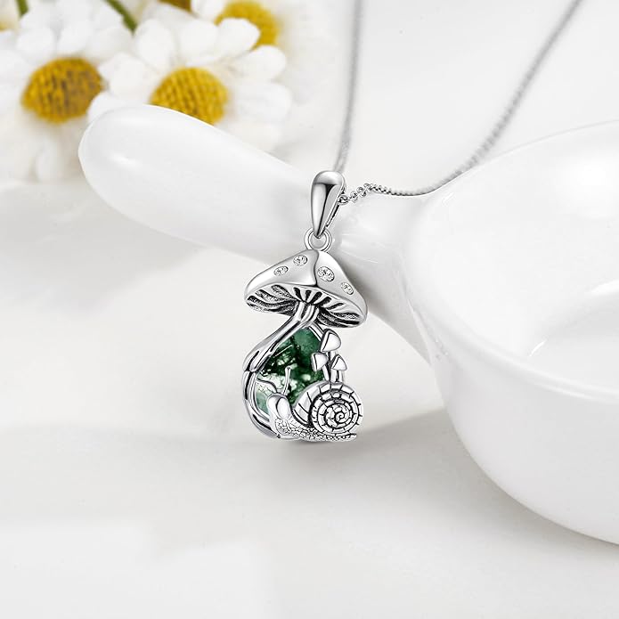 YAFEINI Mushroom Necklace Moonstone/Moss Agate/Malachite/Labradorite/Turquoise/Amber/Larimar/Black Onyx/Lapis Lazuli/Peridot/Opal Sterling Silver Mushroom Pendant Mother's Day Jewelry for Women Mom