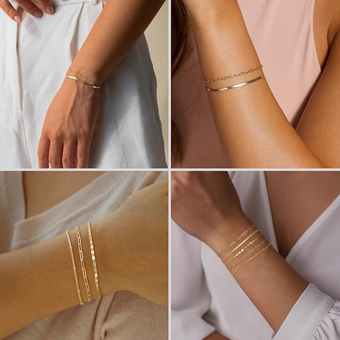 DEARMAY 14K Gold Plated Bracelets for Women, Jewelry Sets Cute Tennis Beaded Bracelets Cuban Link Paperclip Chain Dainty Bracelet Pack Gifts