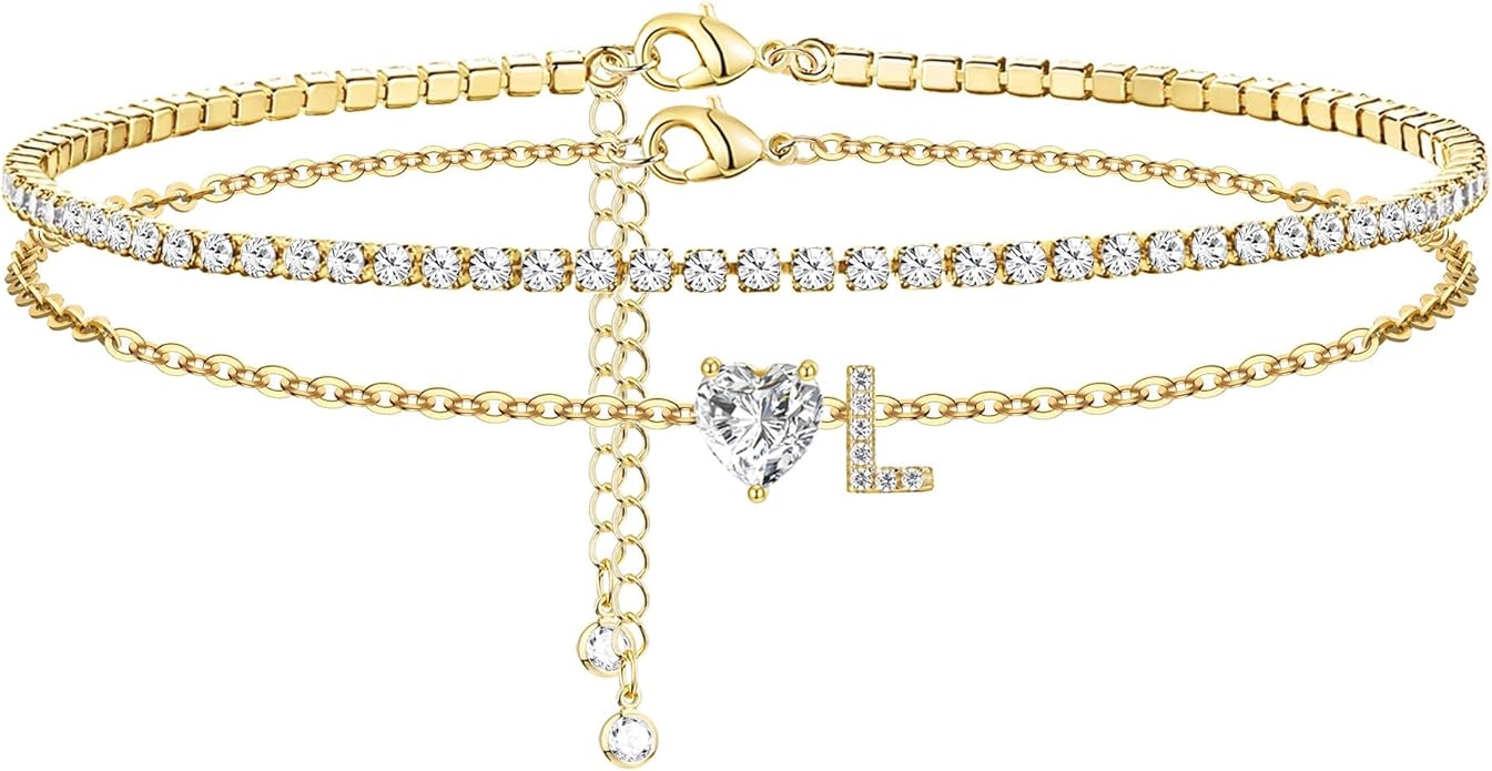 Gold Initial Ankle Bracelets for Women 14K Gold Plated CZ heart Tennis Anklets for Women Waterproof Layered Adjustable Letter Anklets Large Ankle Summer Beach Foot Jewelry
