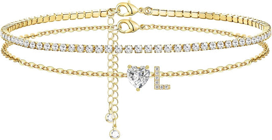 Gold Initial Ankle Bracelets for Women 14K Gold Plated CZ heart Tennis Anklets for Women Waterproof Layered Adjustable Letter Anklets Large Ankle Summer Beach Foot Jewelry