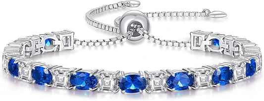 Sterling Silver Birthstone Bracelets for Women White Gold Tennis Bracelets Adjustable Chain 6-9 Inchs Jewelry Hypoallergenic Anniversary Birthday Gifts for Women Mom Wife Her