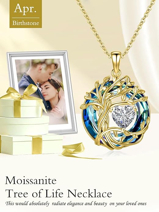 TOUPOP Christmas Gifts Tree of Life Birthstone Necklace 925 Sterling Silver Pendant Austrian Crystal Jewelry Anniversary Birthday Gifts for Women Mom Her Wife