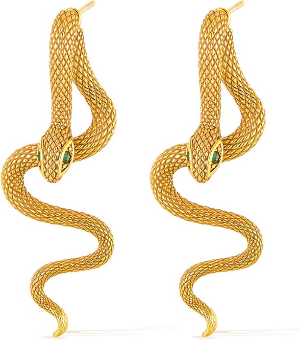 snake shaped personalized earrings with stainless steel pattern inlaid with emerald gemstones, showcasing unique charm for daily parties