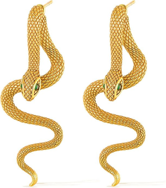 snake shaped personalized earrings with stainless steel pattern inlaid with emerald gemstones, showcasing unique charm for daily parties