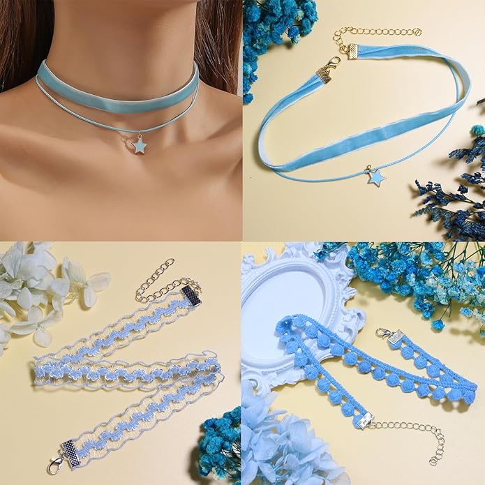 Nova&Aria Chokers Set For Women Heart Choker Necklaces Flower Pendant Velvet Cute Pink Turquoise Blue White Black Choker Necklace Christmas Colorful Lace Chokers