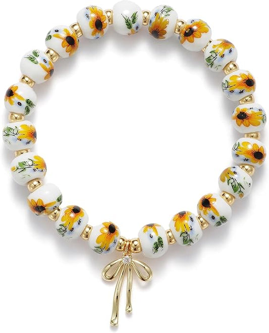 Beads Bow Charm Bracelet for Women Flower Vintage Bracelet Handmade Stretch Beaded Dainty Romantic Jewelry Gifts