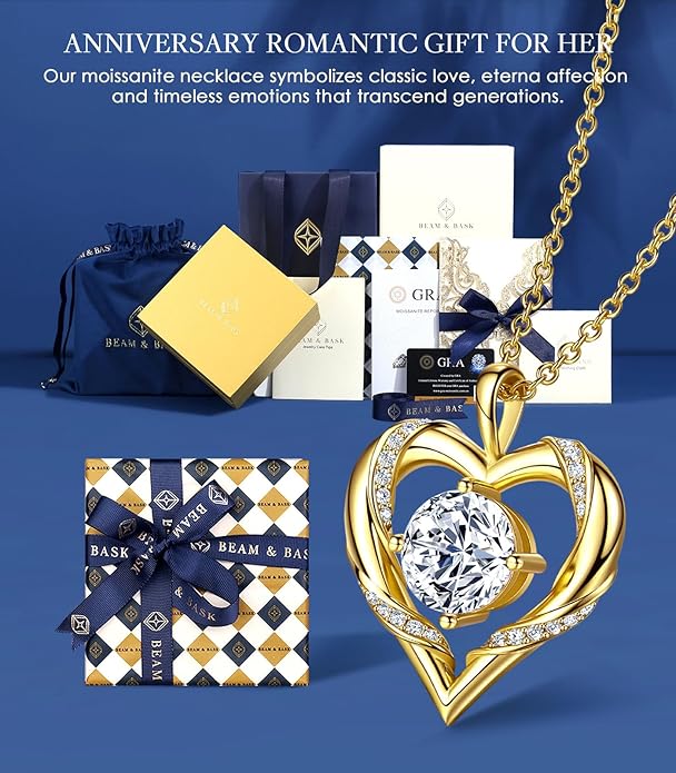 Beam & Bask 2-3 Ct Moissanite Heart Necklaces for Women, 18K Gold Plated Romantic Pendant for Anniversary Birthday, 925 Sterling Silver Jewelry for Wife Girlfriend Mom Her