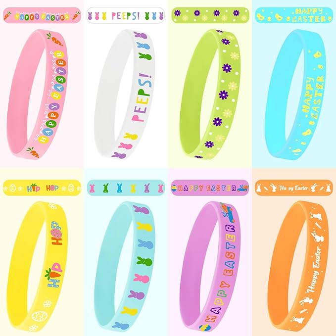 JUNEBRUSHS 64pcs Easter Party Favors Silicone Bracelets Bunny Egg Carrot Flowers Cross Rubber Wristbands for Easter Egg Fillers Gifts Basket Stuffers Accessories Party Decorations(8 Designs)