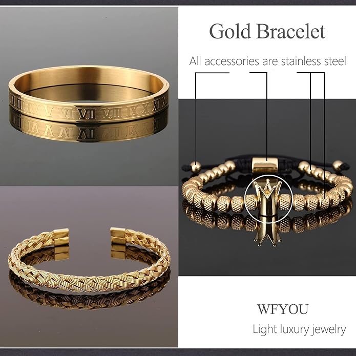 WFYOU 3PCS Stainless Steel Bracelets for Men Gold Roman Numeral Bangle Bracelet Twisted Cable Bracelet Adjustable Cuff Bracelet Mens Luxury Jewelry Bracelets Gifts