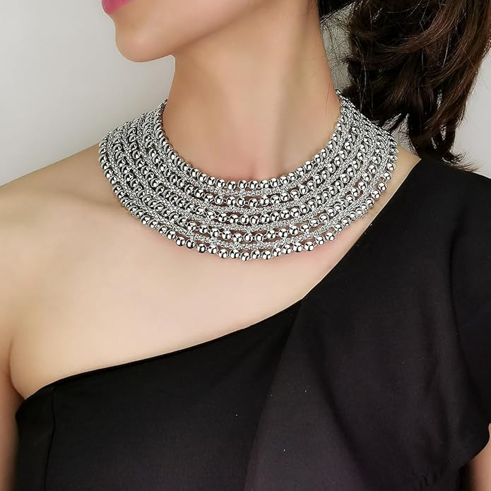 Women Statement Necklace Metal Beaded Chunky Necklace Collar Fashion Party Jewelry