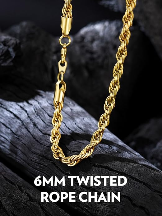 Bandmax Solid 1.5mm/2mm/3mm/6mm Rope Chains for Men Women 14K Gold Plated/Black Plated Stainless Steel Twist Chain 16-30 Inches, with Gift Box