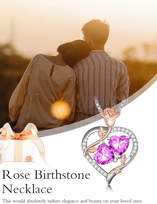 Christmas Gifts for Women Rose Heart Birthstone Pendant Necklace I Love You Forever Jewelry Valentine Mothers Day Birthday Gifts for Women Her Wife Girlfriend