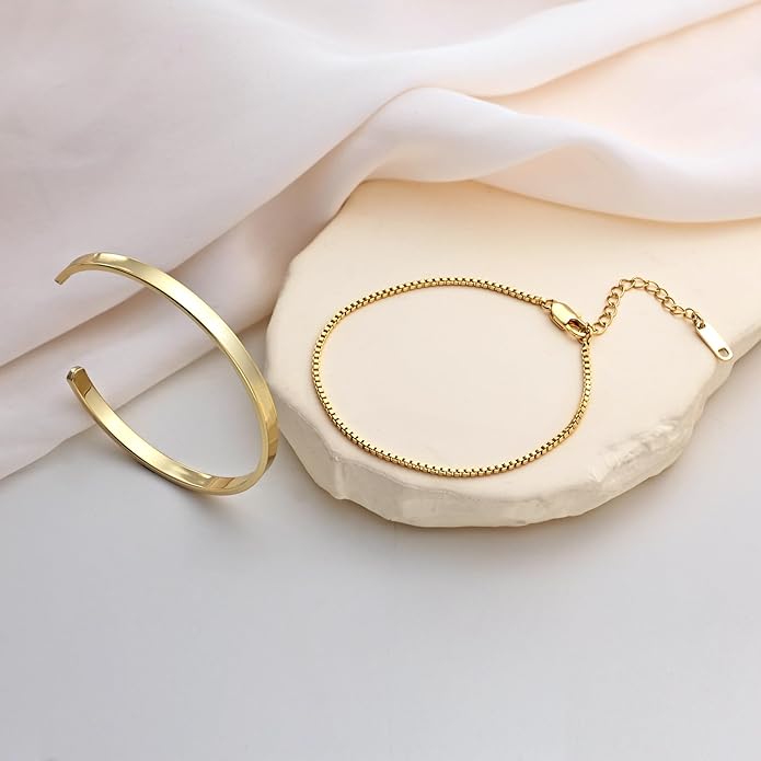 Moodear Stackable Bracelets for Men - Dainty 925 Sterling Silver/14K Gold Plated Cuff Snake Box Cuban Link Chain Bangle Bracelet Set Mens Jewelry