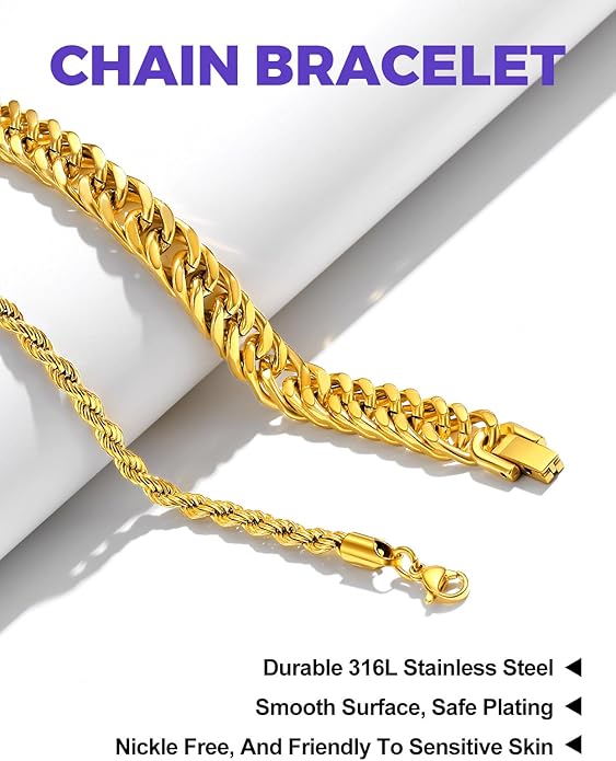 Richsteel 2PCS/3PCS Bracelets Chain for Men Women Stainless Steel Silver/Gold/Black Cuban/Rope Link Chain Bracelets Set, 7.4/8.2/9 Inch Hand Chain Length for Men Women Jewelry