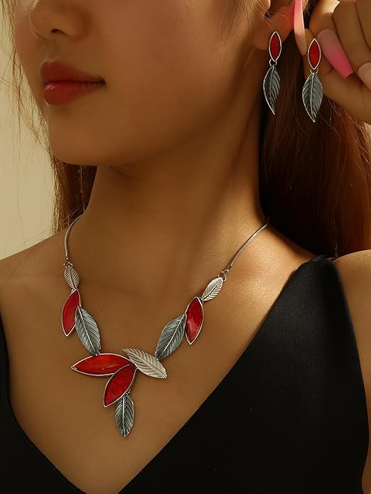 Vintage Chunky Statement Jewelry Set Retro Leaf Floral Geometric Bohemian Boho Bib Necklace Earring Set Fashion Costume Jewelry for Women Girls Wedding Party Prom Unique Gift