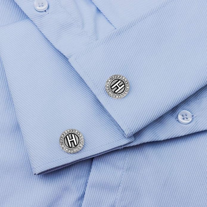 HAWSON A-Z Initial Cufflinks for Men and Women with Clear Crystal, Gold Silver Color Rasied Letter A-Z Cuff Links for French Shirt, Gift for Normal and Business Wearing