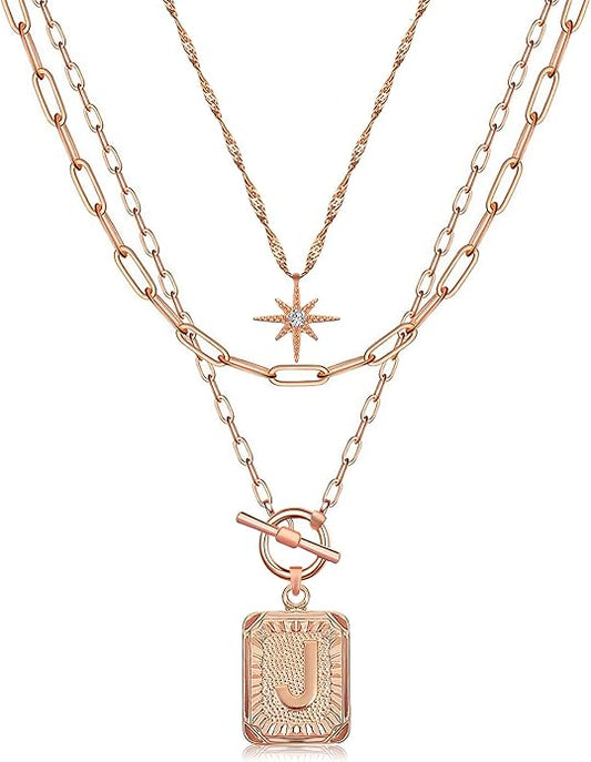 MJartoria Layered Initial Necklaces for Women Trendy, 14K Gold Plated Brass Simple Star Choker Square Letter Pendant Necklace, Paperclip Chain Necklaces Jewelry Gifts