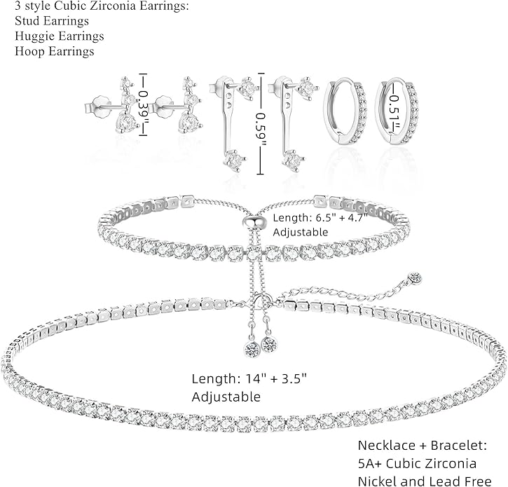 Tennis Necklace Bracelet for Women Silver Necklace Bracelet Earrings Jewelry Set for Women Party Prom Wedding Jewelry for Bride Bridesmaids Cubic Zirconia Tennis Choker Necklace Link Bracelet Stud Earrings Jewelry Set Accessories