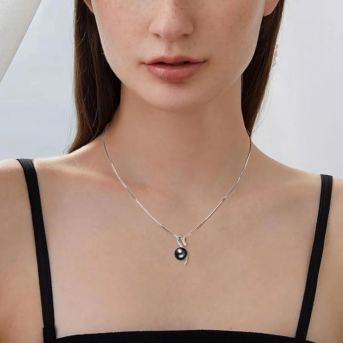 Tahitian Black Pearl Necklaces for Women, Sterling Silver Single Pearl Pendant Necklace Birthday Anniversary Jewelry Gifts for Wife Mom