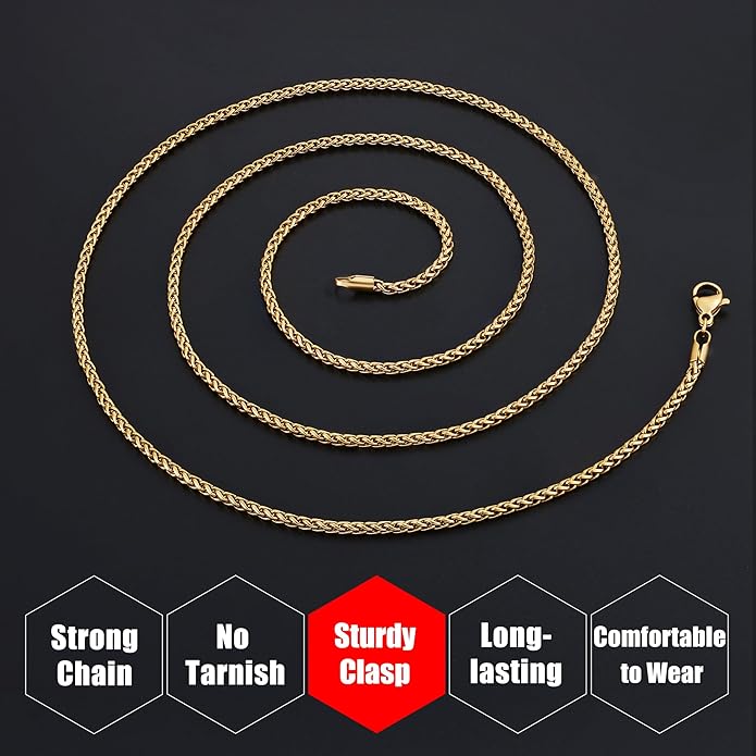 Fiusem Wheat Chains for Men and Women, 2/2.5/3/4/5mm Silver Tone/14K Gold Plated/Black Necklace Chain, Stainless Steel Mens Necklace 16-28 Inch