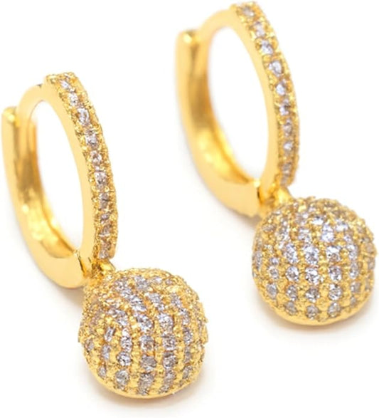 Gold Tone Ball Dangle Hoop Earrings for Women – Crystal-Encrusted Charm, 25mm Drop Length, Lightweight Party Jewelry.KT0012