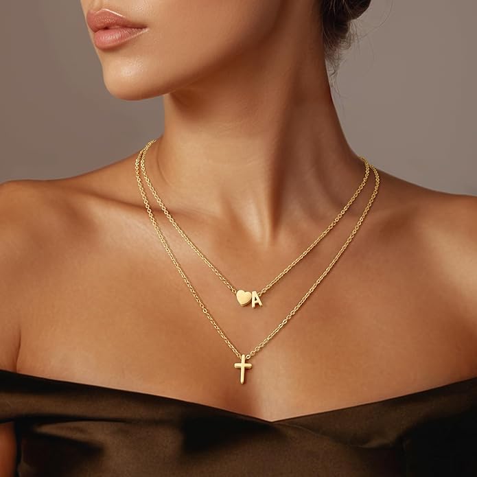 Cross Necklace, Layered Initial Necklaces for Women,Dainty 18K Real Gold Plated Heart Initial Necklace, Personalized Gifts for Women Teen Jewelry