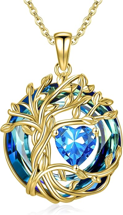 TOUPOP Christmas Gifts Tree of Life Birthstone Necklace 925 Sterling Silver Pendant Austrian Crystal Jewelry Anniversary Birthday Gifts for Women Mom Her Wife