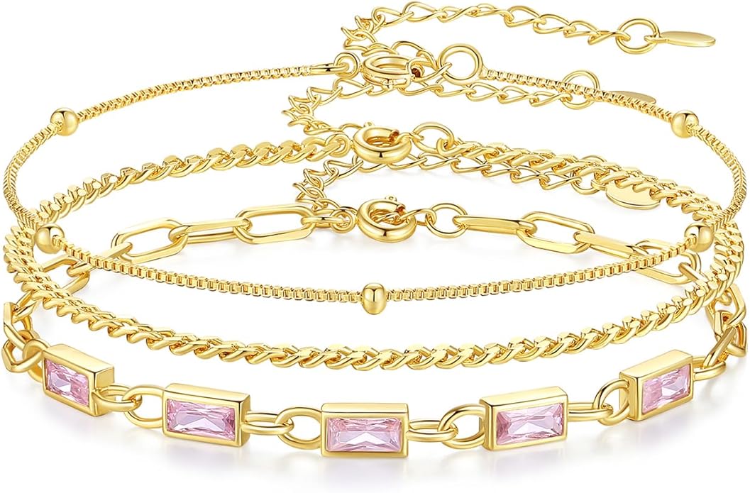 Gold Birthstone Bracelet for Women, 18K Gold Plated Layered Jewelry Bracelet Set, Women Dainty Stackable Bracelets Link Paperclip Chain Valentines Day Gift for Women