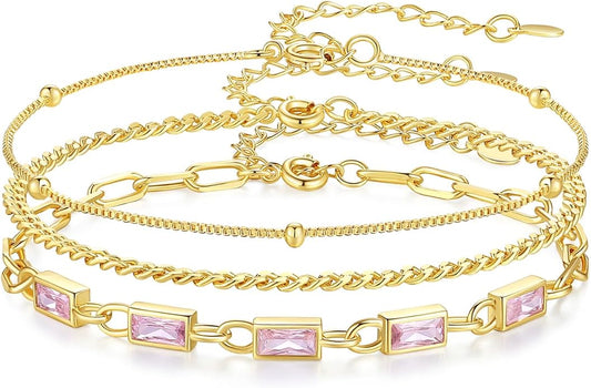 Gold Birthstone Bracelet for Women, 18K Gold Plated Layered Jewelry Bracelet Set, Women Dainty Stackable Bracelets Link Paperclip Chain Valentines Day Gift for Women