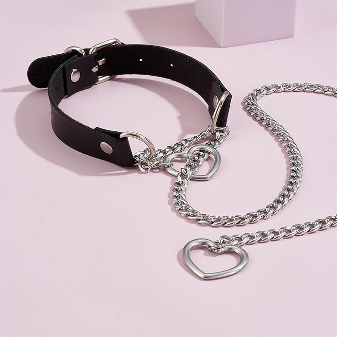 Leather Choker Slip Chain Necklace Stainless Steel Cuban Link Long Necklaces Gothic Punk Heart Chain Necklace Handmade Collars for Women