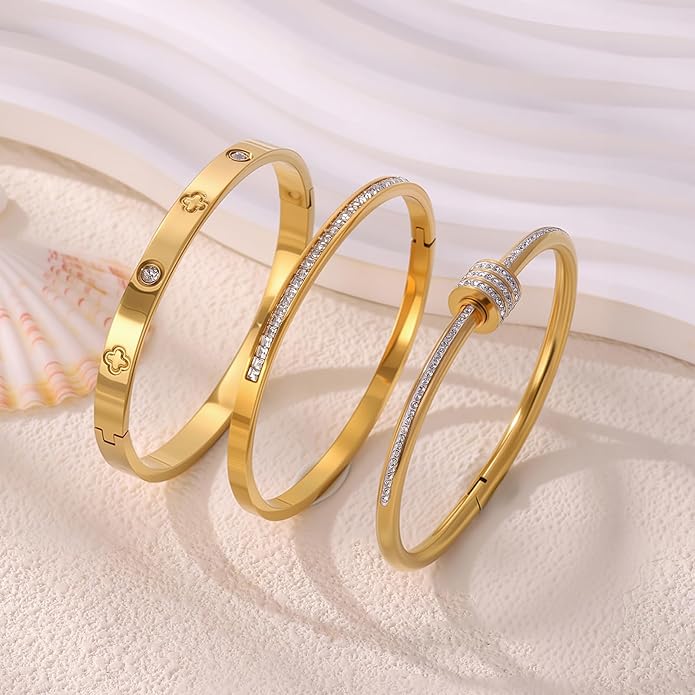 Gold Bracelets for Women - Stackable Bangles with Friendship & Love Theme - Stainless Steel Jewelry Gift for Her