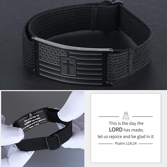 LDOWWGL Valentines Day Gifts - Mens Bracelet - American Flag Christian Cross Bracelet for Boys - Adjustable Black Elastic Stretch Strap with Bible Verse - Gift for Son Grandson