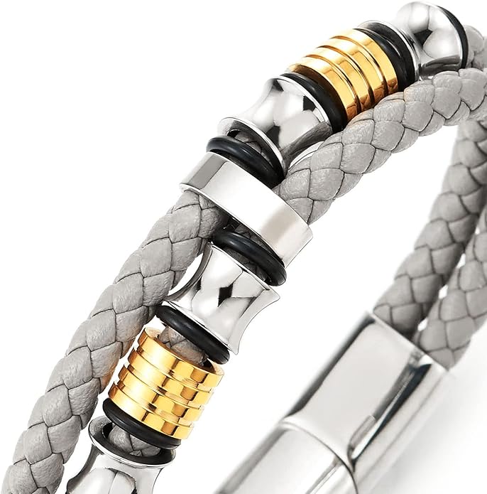 COOLSTEELANDBEYOND Mens Double-Row Braided Leather Bracelet Bangle Wristband with Stainless Steel Ornaments