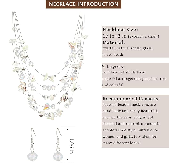 Multi-Layer Boho Shell Beaded Necklace for Women Colorful Crystal Strand with Silver Beads Statement Collars Necklace and Earrings Costumes Jewelry Sets for Women