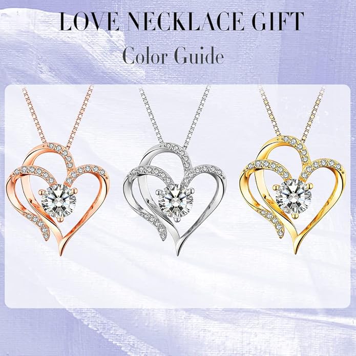 Double Heart Birthstone Necklace for Women - 925 Sterling Silver Adjustable Chain, 12-Month Cubic Zirconia Pendant, Gift for Wife/Girlfriend/Mom (Anniversary, Valentine's Day, Christmas)