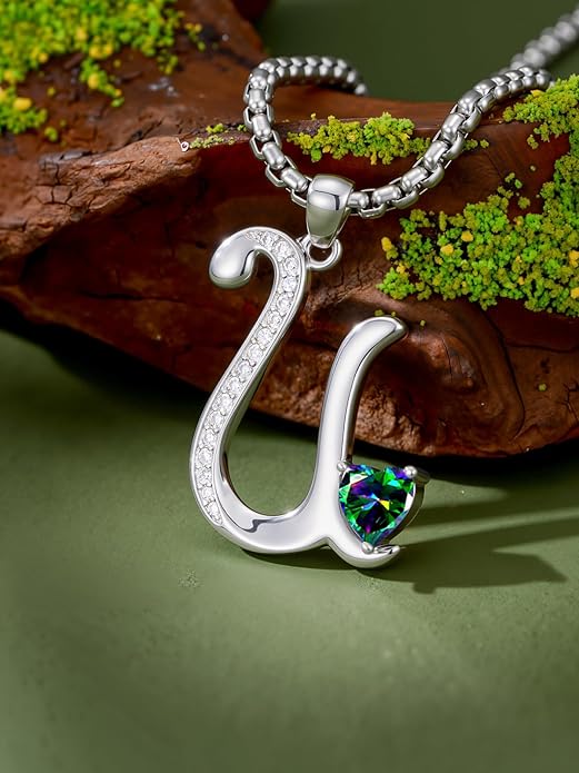 Christmas Gifts for Women Alphabet A to Z Initial Birthstone Pendant Necklaces for Women - 18k White Gold Plated Personalized Name Jewelry Valentine Mothers Day Birthday Gifts for Women Her Girlfriend