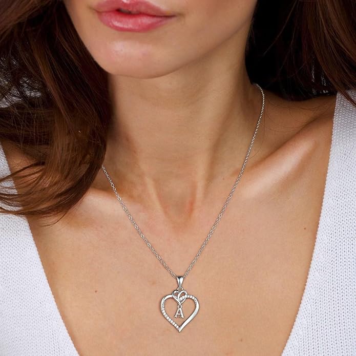 STORUP Heart Initial Necklaces for Women Girls, 14K Gold Plated Cubic Zirconia Heart Initial A-Z Pendant Necklace Dainty Heart Necklaces for Women Teen Girl Jewelry Birthday Gifts