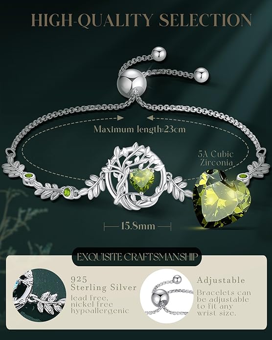 FANCIME Tree of life Birthstone Bracelet for Women Sterling Silver Tree Jewelry Birthstone Charm Bracelet Gemstone Anniversary Birthday Christmas Gifts for Wife Mom Her