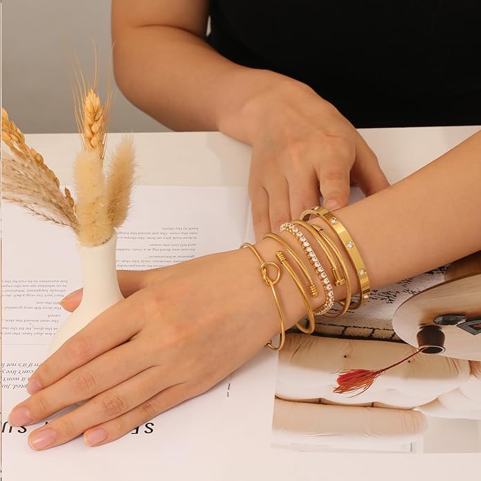 FAFUGA 18 K Gold Plated Love Bangle Bracelet Stack Cuff Jewelry for Women Jewelry Set for Women Gift with Box