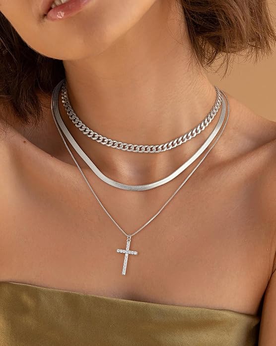 Layered Gold Silver Necklace for Women Non Tarnish,Dainty Choker Statement Chunky Necklace Stack Charm Pendant Chain Necklace Set 14K Gold Plated Long Stacked Womens Necklaces Trendy Jewelry Gift