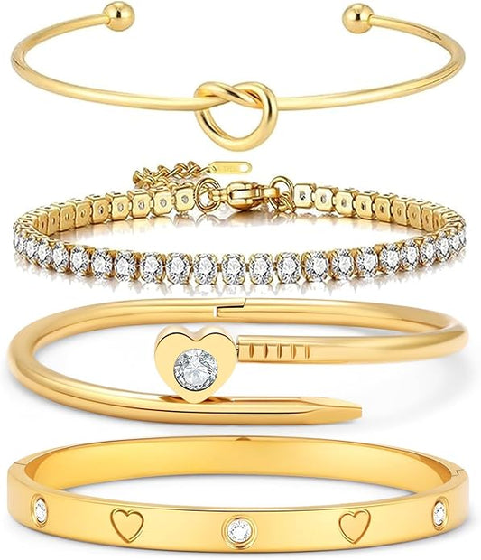 FAFUGA 18 K Gold Plated Love Bangle Bracelet Stack Cuff Jewelry for Women Jewelry Set for Women Gift with Box