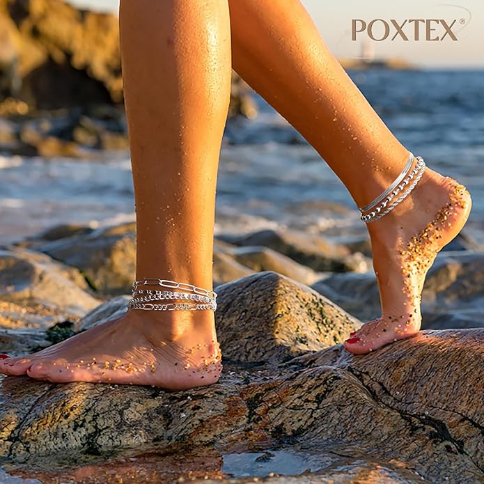 Sterling Silver Anklet Bracelets for Women Waterproof, 925 Sliver Plated CZ & Heart Charm Dainty Layer Anklets for Women Trendy, Simple Chain Anklets Set Gifts for Women, Jewelry Gifts for Her Women Mom Wife Girlfriend