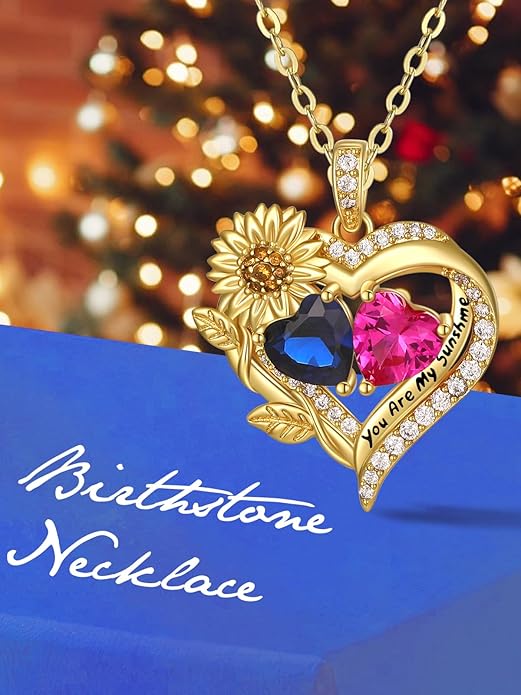 Sunflower Heart Necklace for Women 14K Gold Exquisite Anniversary Birthday Gifts for Wife Mother Her Double Birthstone Pendant jewelry‘You Are My Sunshine’