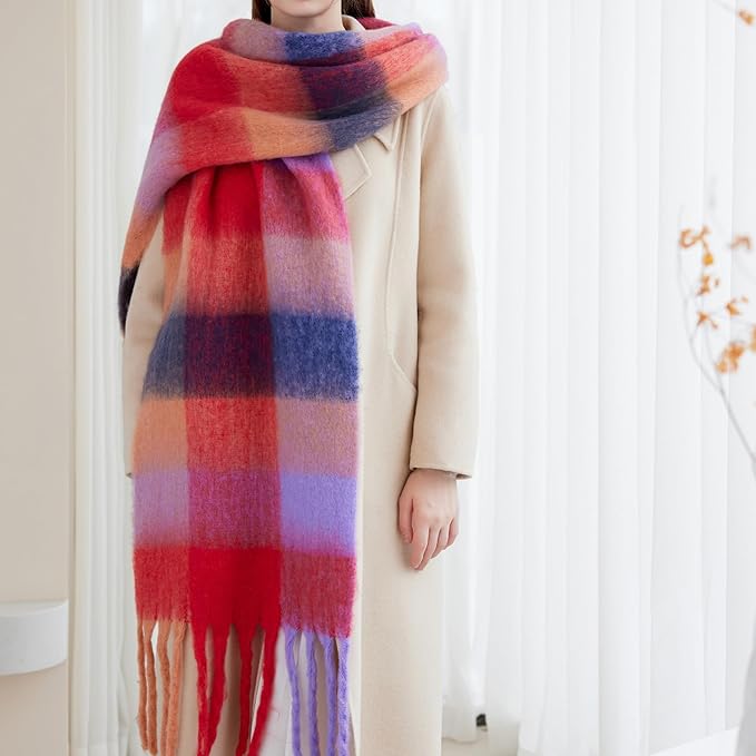 SHOHOKU Large Chunky Plaid Scarf Coloured Checked Oversized Scarf Tassel Soft Fall Winter Thick Warm Shawl Women