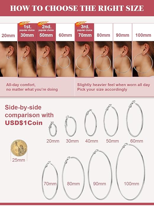 FOCALOOK 14K Gold Plated Lightweight Large Hoops| 2mm Thin Hoop Earrings for Women 30/40/50/70/100mm
