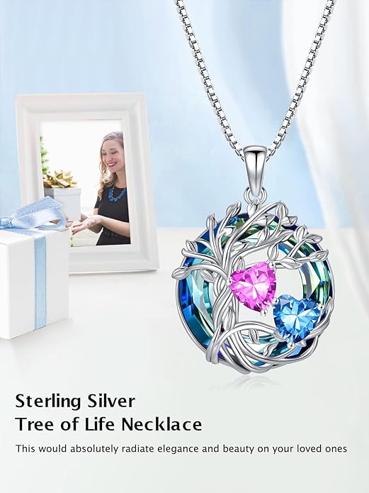 TOUPOP s925 Sterling Silver Family Celtic Tree of Life Pendant Necklaces with 2 Heart Birthstone with Blue Austrian Crystal Jewelry Birthday Anniversary Christmas Gifts for Her Wife Girlfriend Mom (18K Real White Gold Filled)