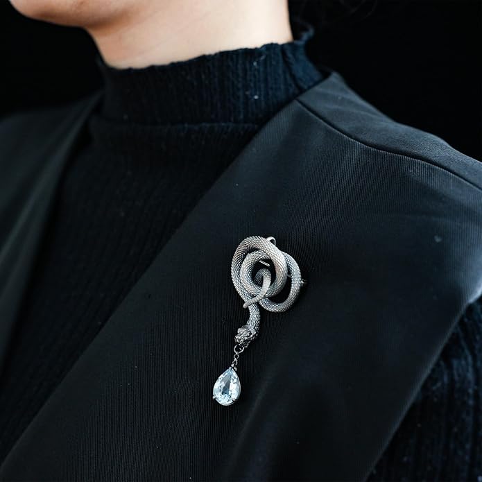 Snake Brooch with Aquamarine Crystal | Gothic Fashion Jewelry Pin | Vintage Style Statement Accessory for Women & Men