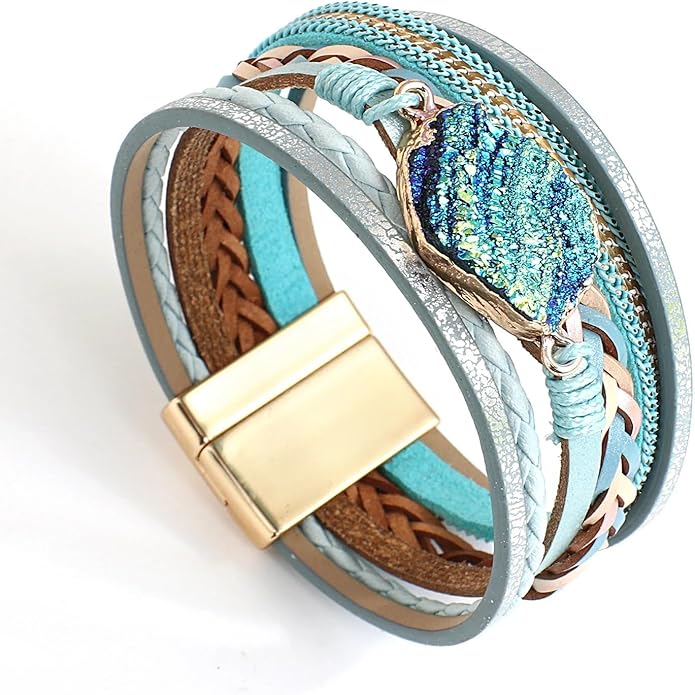 Fesciory Leopard Bracelet for Women, Boho Leather Wrap Multi-Layer Pearl Crystal Bracelet Bangle Jewelry