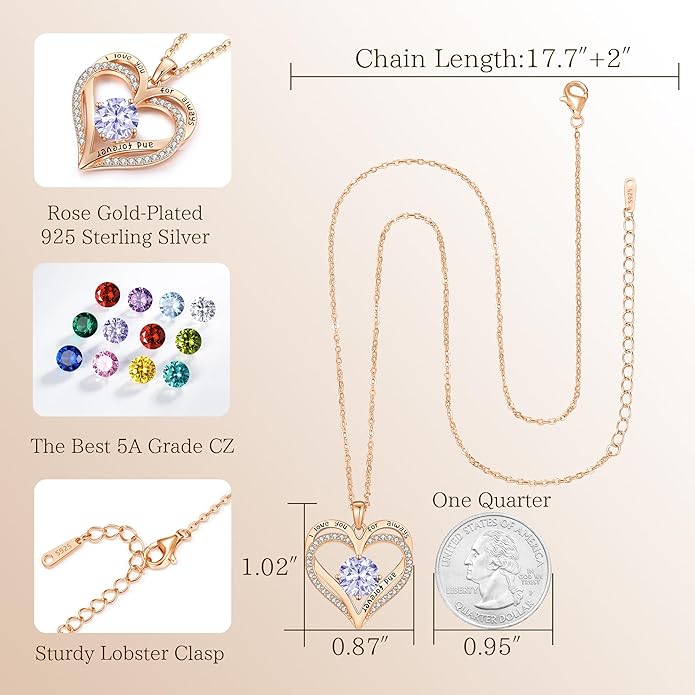 LOUISA SECRET Love Heart Birthstone Necklaces for Women, Birthday Gift for Girlfriend, Anniversary Jewelry Gift for Wife Her, 925 Sterling Silver Women Pendant Necklace, Mother's Day Christams Gift
